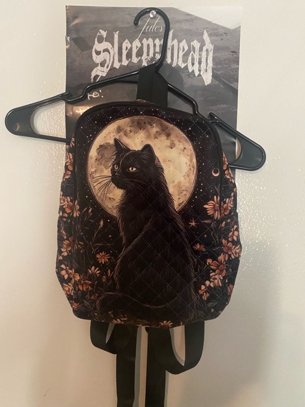 Black Cat Moon Quilted Mini Backpack